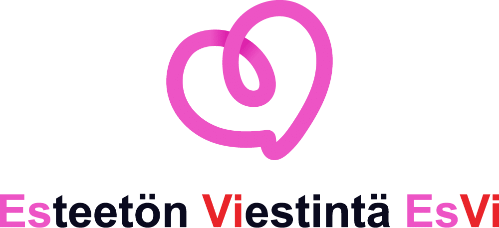 Esteetön Viestintä EsVi Oy logo. Pinkki ja punainen versio. Pinkki sydämenmuotoinen kuvaelementti.