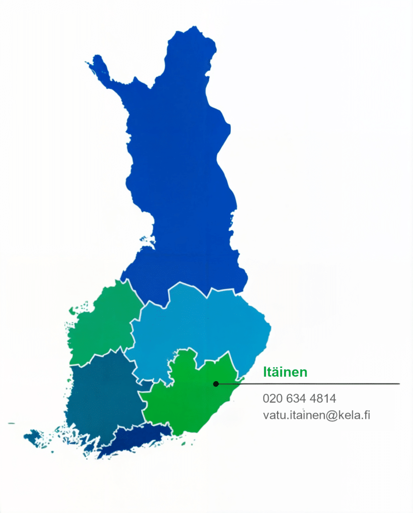 Suomen kartta, jossa eri läänit osoitettu eri väreillä. Itäinen-osa osoitettu viivalla, joka johtaa tekstiosaan "Itäinen 020 634 4814 vatu.itainen@kela.fi". Tekstiosassa Kelan VATU-keskuksen yhteystiedot.